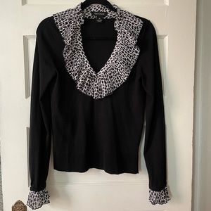 Black Sweater with Animal Print Ruffled Collar and Sleeves